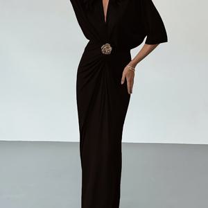 TEMU 여성용 우아하고 정교한 딥 브이넥 허리라인 오벌소매 브라운 롱데이트 메탈 플라워 버클 장식 데일리 파티 드레스