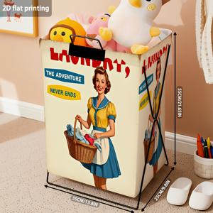 TEMU 대용량 접이식 세탁 바구니 1개, 철제 프레임 포함, 빈티지 세탁 어드벤처 패턴, 튼튼한 프레임, 직사각형 수납 상자, 공간 절약형 접이식 디자인, 직사각형 디자인, 세탁 바구니