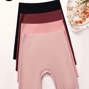 TEMU 4팩 무봉제 미끄럼방지 고허리 여성용 안전 속옷, 웨이브 커프가 있는 편안한 여성용 심플 박서 브리프