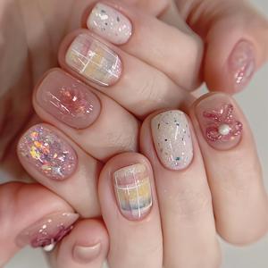 TEMU 24개입 숏 스퀘어 인조네일, 반짝이는 보우knoT 분위기 인스타 올매치 착용 네일 디자인, 밝은 네일 패치 탈부착식 인조네일