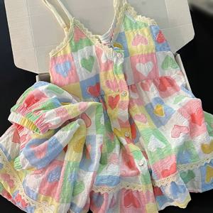 TEMU 여성용 하트 프린트 캐미솔 파자마 세트, 탈부착 패드 포함 여름 섹시 스타일, 스위트 앤 큐트 라운지웨어, 반바지 포함 2pcs 세트