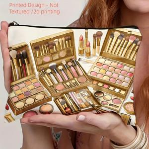 TEMU 프린트 디자인 및 무텍스처 2D 프린팅. 메이크업 도구 프린팅이 있는 메이크업 가방입니다. 골드 메이크업 플레이트 브러쉬 립스틱 아이섀도우 파운데이션 메이크업 파우더 블러셔 파우더가 있는 가방입니다. 가볍고 접을 수 있으며 지퍼형 가방입니다.