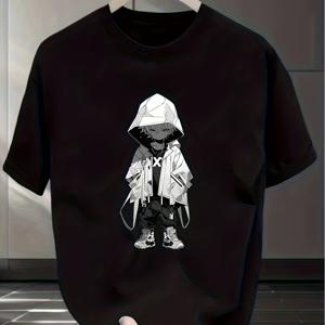 TEMU 남성용 2026년 신상 여름 티셔츠 - 블랙 반팔 상의, 애니메이션 스타일 2D 디지털 프린트, 흰색 캐릭터 그래픽이 있는 라운드넥 디자인, 통기성 좋고 편안한 일본 스트리트 스타일, 캐주얼 야외복으로 세탁기 사용 가능