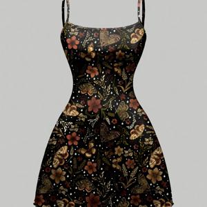 TEMU 귀여운 나방 나비 플로럴 식물 가을 단풍잎 달 별 풀 프린트 캐미솔 드레스