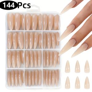TEMU 144개 롱 스틸레토 물방울 네일 팁, 라이트 베이지 심플 누드 유광 인조 네일 세트, 여성용 데일리 및 파티용 12가지 사이즈, 심플하고 활용도 높은 스타일, 고급 패션 사전 제작 네일