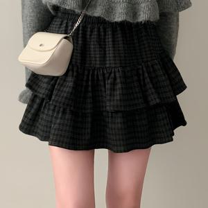 TEMU 2026 봄/가을 신상 빈티지 체크 무늬 레이어드 러플 숏 스커트 여성용, 하이웨이스트 슬림 A라인 미디 스커트, 데일리 데이트 및 출퇴근에 트렌디하고 활용도 높은 패셔너블 케이크 스커트