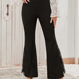 TEMU 여성용 여름 엘레강스 출퇴근 스타일 블랙 레이스 트리밍 플레어 팬츠, 하이웨이스트 신축성 있는 슬림핏 바지, 몸매 비율을 살려주고 다리를 길게 보이게 하는 사이드 시스루 레이스 트리밍 디자인, 성숙하면서도 엣지있는 