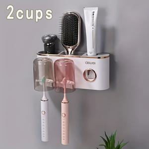 TEMU 1개 벽걸이 칫솔 거치대 세트 (가글컵 포함), 천공 필요 없음, 자동 치약 디스펜서, 벽걸이 칫솔 보관대, 욕실 액세서리, 플라스틱 칫솔, 치약 튜브 및 가글컵용