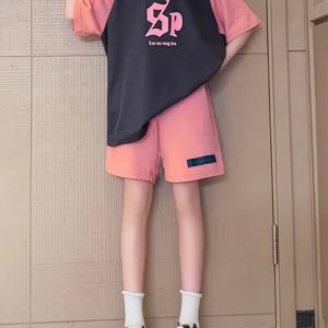 TEMU 여아 반팔 반바지 2피스 세트, 여름 캐주얼 편안한 레터 프린트 라글런 소매 컬러 블로킹 반팔 티셔츠 + 캐주얼 반바지 투피스 세트 (중대형 아동용, 야외 활동용)