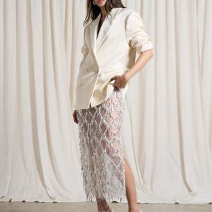 TEMU Directional DP021385 화이트 투명 그리드 태슬 시퀸 여성용 스커트