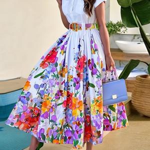 TEMU 새로운 여성 플로럴 프린트 칼라 원피스, 벨트, 스타일리시하고 우아한 플레어 디자인 (버튼 포함)