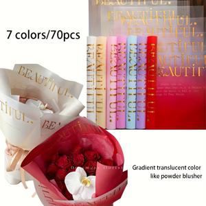 TEMU 7가지 색상, 각 색상당 골드 포일 하트 10장, 총 70장. 블러시 효과로 로맨틱하고 귀여운 소박한 표정을 연상시킵니다. 한국 스타일 골드 포일 영어 꽃무늬 선물 포장지, 방수 발렌타인데이 플로리스트 꽃 포장재, 부드러운 종이, 티슈 페이퍼, 그라데이션 컬러 영어 사랑 고백 포장지, 핑크, 하늘색, 연보라, 흰색, 멀티컬러 포장지