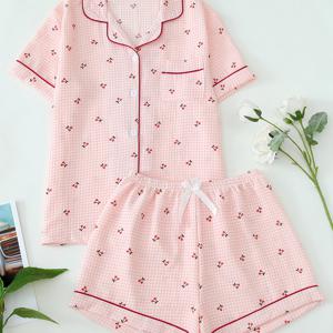 TEMU 스위트 앤 프레시 핑크 체리 플라이트 파자마 세트: 반팔 탑과 리본 타이 숏팬츠, 루즈핏 캐주얼 사계절용 청소년 잠옷