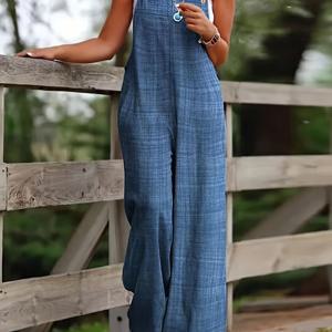 TEMU 여성용 민소매 와이드 레그 점프수트 - 조절 가능한 스트랩리스 버튼 프론트 롬퍼, 포켓 포함, 세탁기 사용 가능한 솔리드 컬러 비치웨어, 휴가, 리조트웨어, 풀사이드 아웃핏 - 봄 여름 가을 우아한 의상 (스트레치 없음)