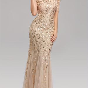 TEMU 여성용 이브닝 가운, 파티용 신부 들러리 드레스, 디너 행사, 사회자, 결혼식, 반소매 슬림핏 메쉬 스팽글 인어 스팽글 드레스