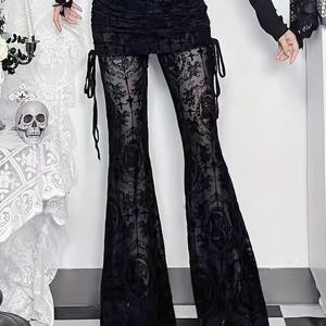 TEMU 여성용 고딕 할로윈 플레어 팬츠 - 다크 빈티지 고딕 드로스트링 허리, 할로윈 코스튬 및 파티 의상용 플레어 레그 - 사계절 공식 & 캐주얼 착용 - 벨트 없는 핏, 고딕 패션 팬츠, 고스 액세서리, 테마 이벤트 의상, 레트로 에스테틱, 내구성 있는 원단, 코스프레 애호가용, 편안한 소재, 코스프레 아웃핏