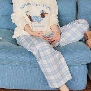 TEMU 여성용 신선한 블루 앤 화이트 체크무늬 강아지 프린트 파자마 세트, 루즈핏 크루넥 긴소매 아우터웨어 라운지웨어