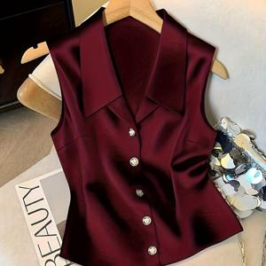 TEMU 여성 프렌치 스타일 V넥 민소매 새틴 조끼, 가을/겨울용, 우아하고 캐주얼