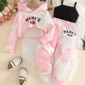 TEMU 소녀 가을 세트 - 3피스 핑크와 화이트 타이다이 겨울 의상 - 오버사이즈 후드티, 민소매 조끼, 팬츠와 엄마 미니 프린트 매칭 의상, 편안한 캐주얼 3피스 세트, 세탁기 사용 가능, 야외 착용에 완벽