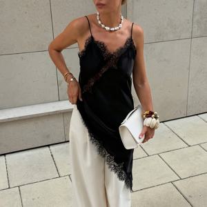 TEMU 레이스 여성 드레스, 스트랩 디자인, 새틴 비대칭 파티 미니 드레스, 우아한 신상 나이트가운, 민소매 섹시한 브라운 & 블랙 백리스 드레스