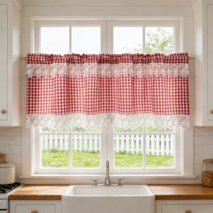TEMU 클래식 레드 체크무늬 짧은 커튼 1개 패널, 흰색 레이스 자수 장식 트림 포함, 미국 컨트리 스타일 주방 창문용 짧은 밸런스 커튼, 로드 포켓 포함, 소박한 카페 커튼