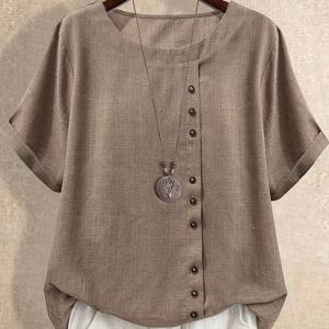 TEMU 플러스 사이즈 - 플러스 사이즈 - 플러스 사이즈 여성용 캐주얼 반팔 셔츠, 비대칭 앞면과 9개의 장식 버튼, 클래식 롤드 커프스 특징, 어스톤 색상으로 여름에 완벽, 휴가, 사무실 및 외출에 적합