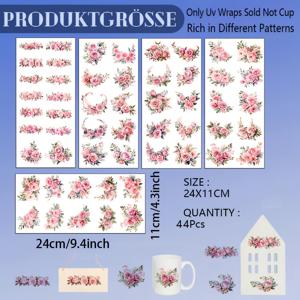 TEMU 44 스프링 핑크 장미 모란 패턴 UV DTF 스티커, 유리 장식 전사 스티커로 적합 - 가구, 유리, 세라믹 및 홈 데코용 공예품에 이상적 - 자가 접착, 일회용, 홈 데코
