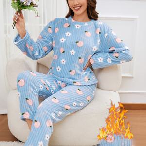 TEMU 플러시 안감 도톰한 파자마 세트 2개, 심플하고 스타일리시한 과일 패턴 긴팔 긴바지 라운지웨어, 여성용 겨울 야외 활동복 세트