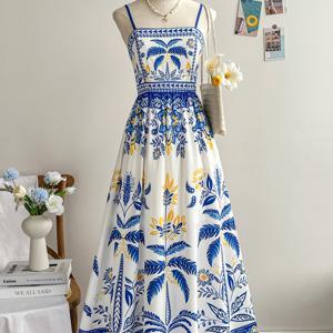 TEMU 캐주얼 엘레강스 휴가 여성용 팜트리 프린트 민소매 미디 드레스, 백랩 디자인, 휴가 스타일 + Niannian
