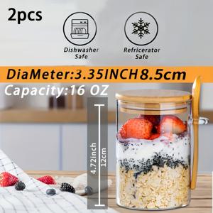 TEMU 구매 2개/4개, 16온스 오트밀 컵, 샐러드 그릇, 오트밀 항아리, 식사 준비용 뚜껑과 숟가락이 있는 유리 용기, 치아씨드, 푸딩, 요거트, 샐러드, 시리얼