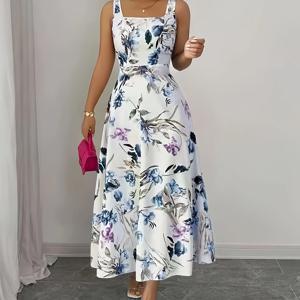 TEMU 우아한 여성용 플로럴 프린트 민소매 스퀘어넥 A라인 롱 드레스, 휴가 여행 파티 및 데일리룩에 적합