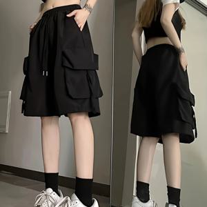 TEMU 여성용 여름용 큰 주머니 작업복 반바지, 얇은 아우터웨어 스트레이트핏 무릎 기장 바지, 루즈핏 니치 텍스처 아메리칸 펑셔널 Y 캐주얼 미드기장 팬츠