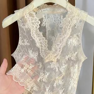 TEMU 봄/여름 프렌치 스타일 여성용 레이어드 레이스 탑, 새로운 딥 브이넥 인너 메쉬 페이크 넥라인 캐미솔