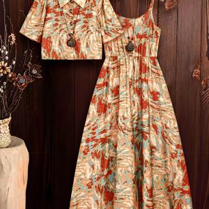 TEMU 여성용 홀치기 염색 프린트 반팔 셔츠 & 탱크 탑 드레스 캐주얼 세트