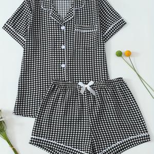 TEMU 여성용 빈티지 블랙 앤 화이트 체크 무늬 블라우스와 반바지 세트, 심플 칼라 오픈 카디건 파자마