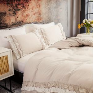 TEMU Jit 3피스 90G 4월 화학 섬유 폴리에스터 이중 레이어 연꽃 엣지 쌀 회색 하단 이불 커버 세트, 침구 3피스 세트, 이불 커버 1개 및 베갯잇 2개, 이불 커버 세트, 미국 파스토럴 스타일, 10가지 사이즈