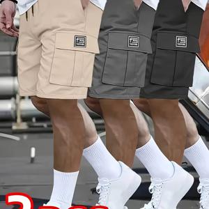 TEMU Xingmengzhi OBM 남성용 캐주얼 카고 반바지 3개 세트, 조절식 드로스트링 허리, 여러 개의 포켓, 단색, 폴리에스터, 신축성 없는 원단, 캐주얼 복장 및 데일리 반바지로 완벽 | 조절식 허리밴드 | 튼튼한 원단