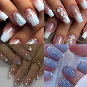 TEMU 96개 (4팩) 세트, 글로시 프렌치 글리터 그라데이션 도트 드릴 스트랩 특징, 정교하고 독특하며 우아한 네일 아트를 연출하며, 일상 사용 및 파티에 적합하며 오래 지속되고 내구성이 뛰어납니다.