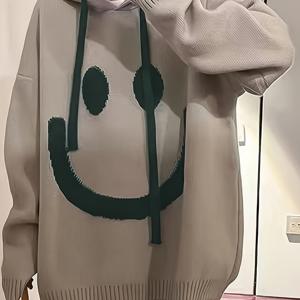 TEMU 플러스 사이즈, 가을/겨울 유럽&미국 스타일 우아한 패션 성숙한 여성용 캐주얼 풀오버 조이풀 페이스 패턴 긴팔 드로스트링 후드티