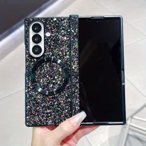 TEMU 휴대폰 케이스 - 삼성 Zfold 3/4/5/6에 적합한 3단 중축 스팽글 마그네틱 케이스, 완벽한 보호 기능 제공