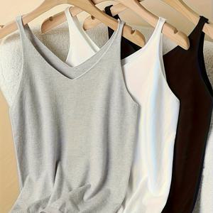 TEMU 3개 세트: 여성용 심플 브이넥 캐미솔, 레이어드 또는 단독 착용용 사계절 활용도 높은 탑, 슬림핏의 편안한 베이직 상의