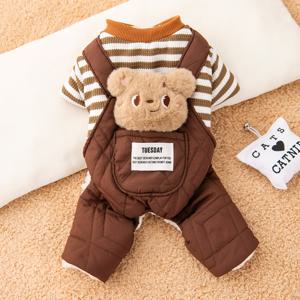 TEMU 가을/겨울 방한용 안감 큰 주머니 멜빵바지 강아지 옷, 테디, 비숑, 판다, 네발달린 인형, 리틀베어용 보온성 뛰어난 두꺼운 부드러운 패딩 코트 원피스. 정사이즈, 한 사이즈 크게 주문