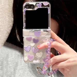TEMU 휴대폰 케이스 - 사랑스러운 하트 투명 폰 케이스, 고급스러운 반짝이는 레이저 팔찌 체인 디자인, 삼성 갤럭시 Z 플립 모델 7, 6, 5, 4, 3용, 뒷면 보호를 위한 깜찍한 그라데이션 핑크 하트