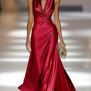 TEMU 우아하고 고급스러운 민소매 새틴 파티 드레스, 러플 넥라인과 오픈 백 디자인으로 포멀 디너, 칵테일 파티 또는 고급스러운 행사에 완벽합니다.