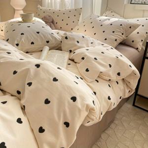 TEMU 신상 여름 도착: 심플한 작은 하트 패턴, 워싱 마감, 부드럽고 피부 친화적인 3pcs 이불 커버 세트 (이불 커버 1개 + 베개 커버 2개). 통기성 좋은 부드러운 극세사, 기계 세탁 가능. 모든 계절에 적합. ฤกษา이불이나 베개솜은 포함되지 않음.