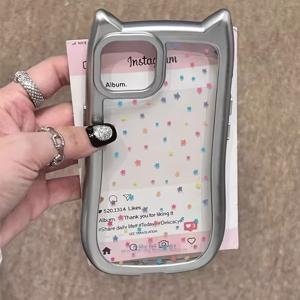 TEMU 인스타 스타일 컬러풀 별 고양이 귀 휴대폰 케이스, 아이폰 17/17 Air/16/15/14/13/12/11 Pro Max/XS Max 시리즈 모델과 호환. 크리스마스와 새해에 친구, 친척, 파트너를 위한 생일 선물 또는 사업 선물로 적합. 전기도금 고양이 귀 - 실버리 - 컬러풀 별 1174SC