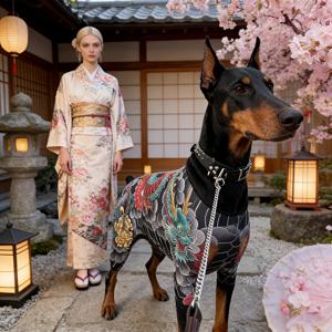 TEMU 도베르만 등 대형견을 위한 일본 타투 스타일 드래곤 프린트 풀 바디 점프수트. 신축성과 통기성이 뛰어난 4각 바디수트로 야외 산책에 적합합니다.