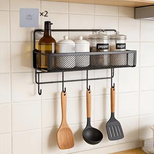 TEMU 드릴 없이 설치하는 주방 정리 도구 | 내구성 강한 녹방지 철제 선반 + 4개의 후크 | 지저분한 주방을 순식간에 깔끔한 공간으로 바꾸는 선반
