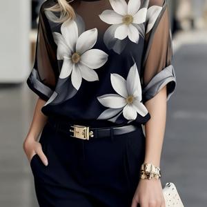 TEMU 여성용 우아한 여름 쉬폰 셔츠, 라운드넥, 큰 꽃무늬 프린트, 5분소매, 시어 블라우스 탑, 반투명 커버업, 매칭 캐미솔