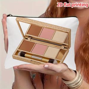 TEMU 플랫 2D 프린트가 특징인 싱글 메이크업 파우치. 브라운, 핑크, 베이지 파우더와 브러쉬가 열린 팔레트로 디자인되어 흰색으로 표현되어 있습니다. 지퍼 잠금 방식으로 휴대 가능하며 여행 또는 일상 사용에 적합합니다.